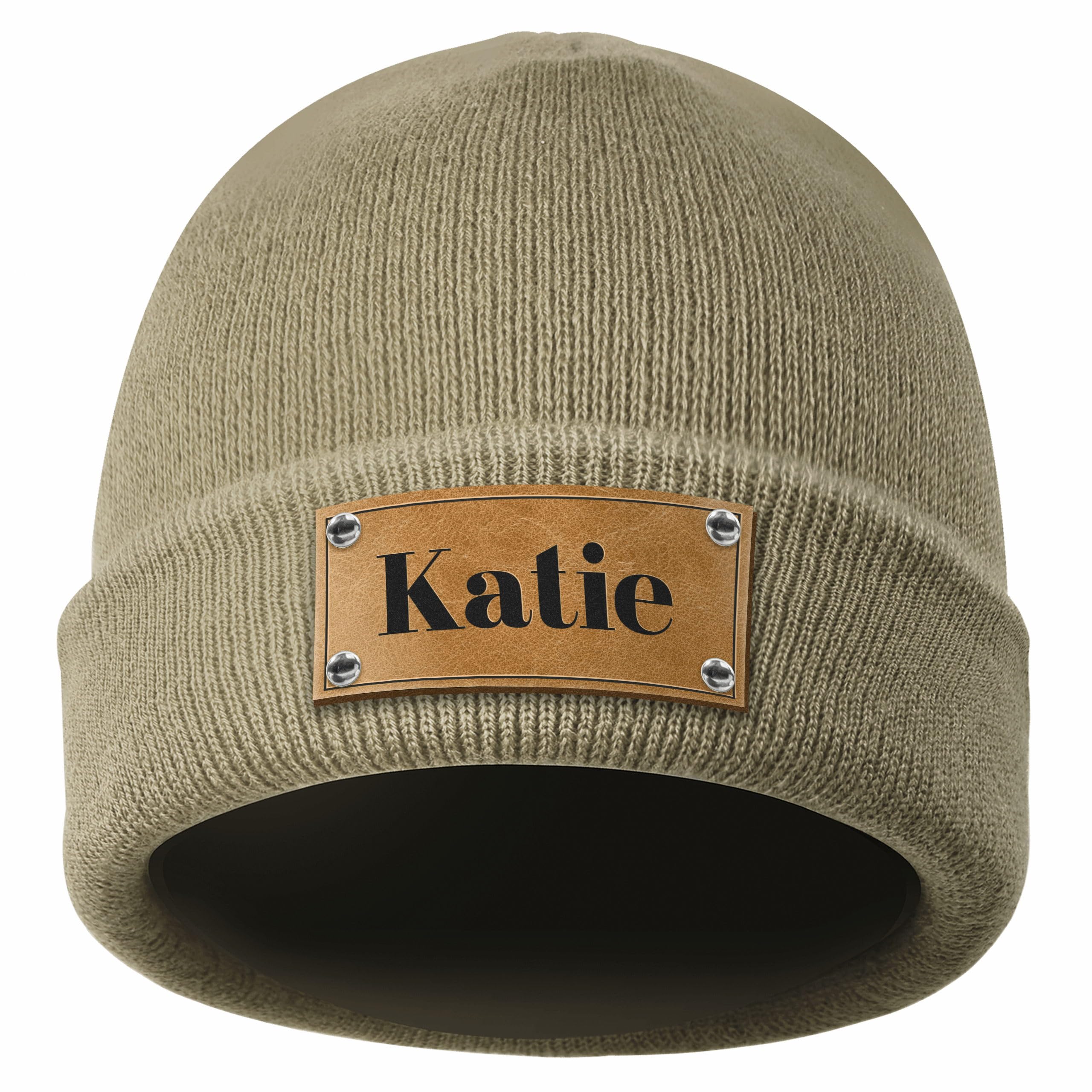 Custom Winter Knit Beanies | Personalized Leather Patch Hats | Matching Hats for Family | Warm Knit Caps for Kids, Teenagers and Adults | Beige