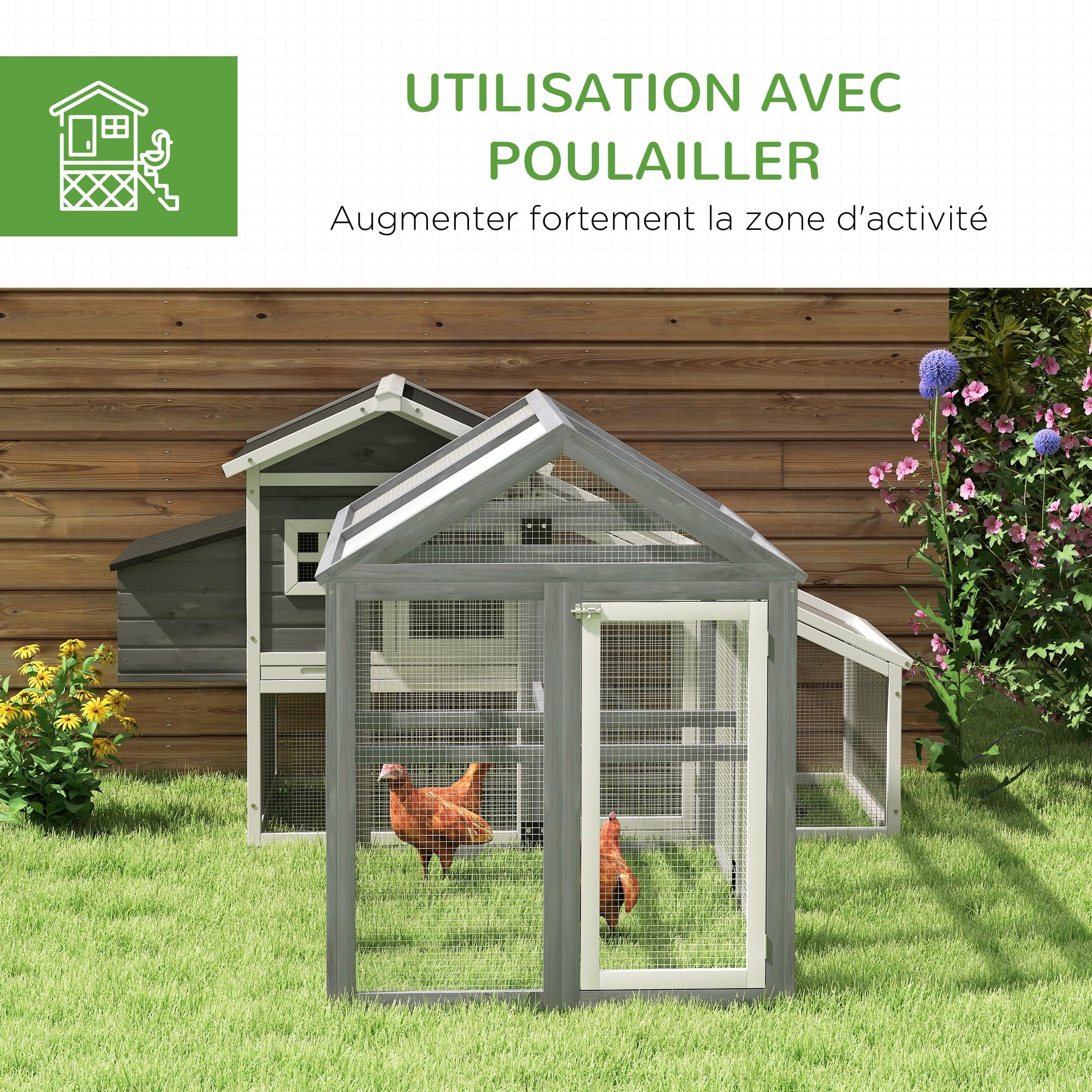 PawHut Enclos Poulailler 1,18 m² pour 1-3 Poules 140x88,5x106cm Gris | Parc à Poule Grillagé, Porte Verrouillables, Cadre en Bois Massif, Volière