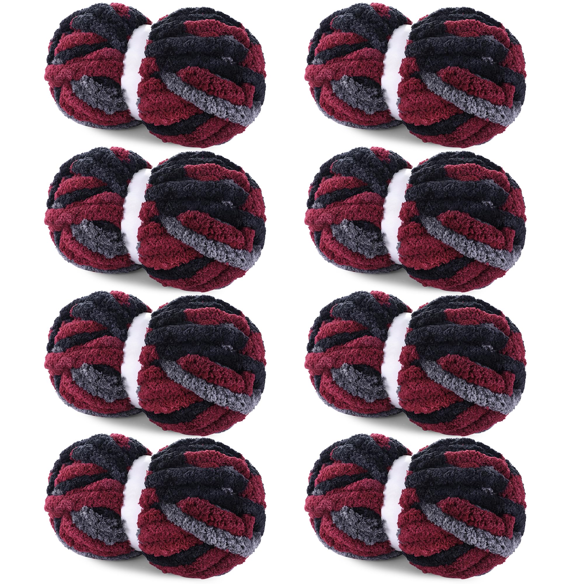 Hombys 8 Pack Giant Chunky Yarn for Crocheting/Hand Knitting - Super Bulky, Soft, Fluffy, Plush Fuzzy Tie Dye Mixed Color Thick Chenille Yarn (Wine Red, Black, Grey) — image 1
