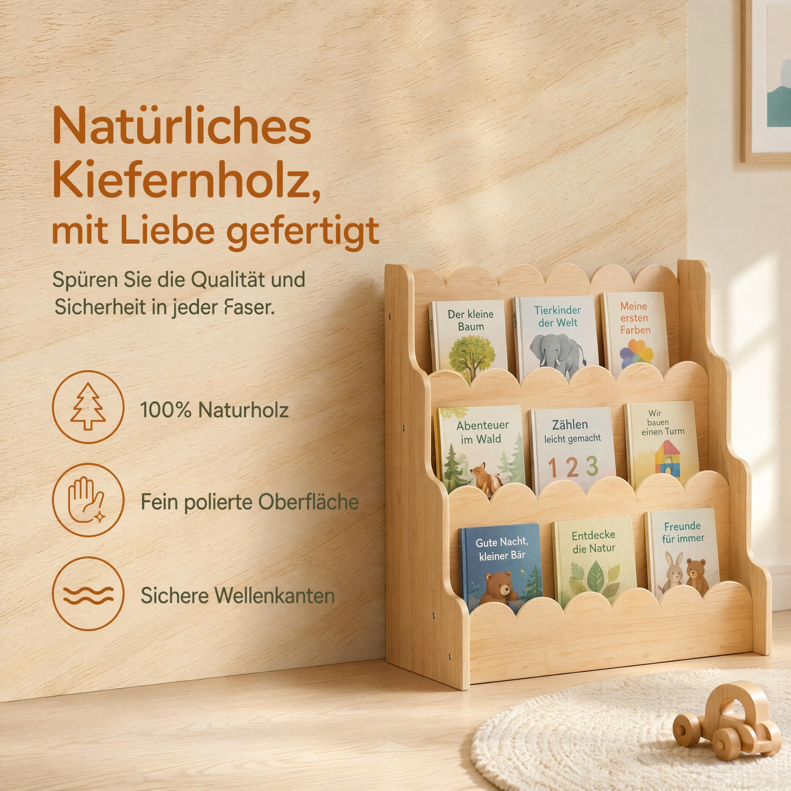 Kinderbuchregal aus Holz mit Wellenkanten, Frontal-Bücherregal mit 5 Ebenen
