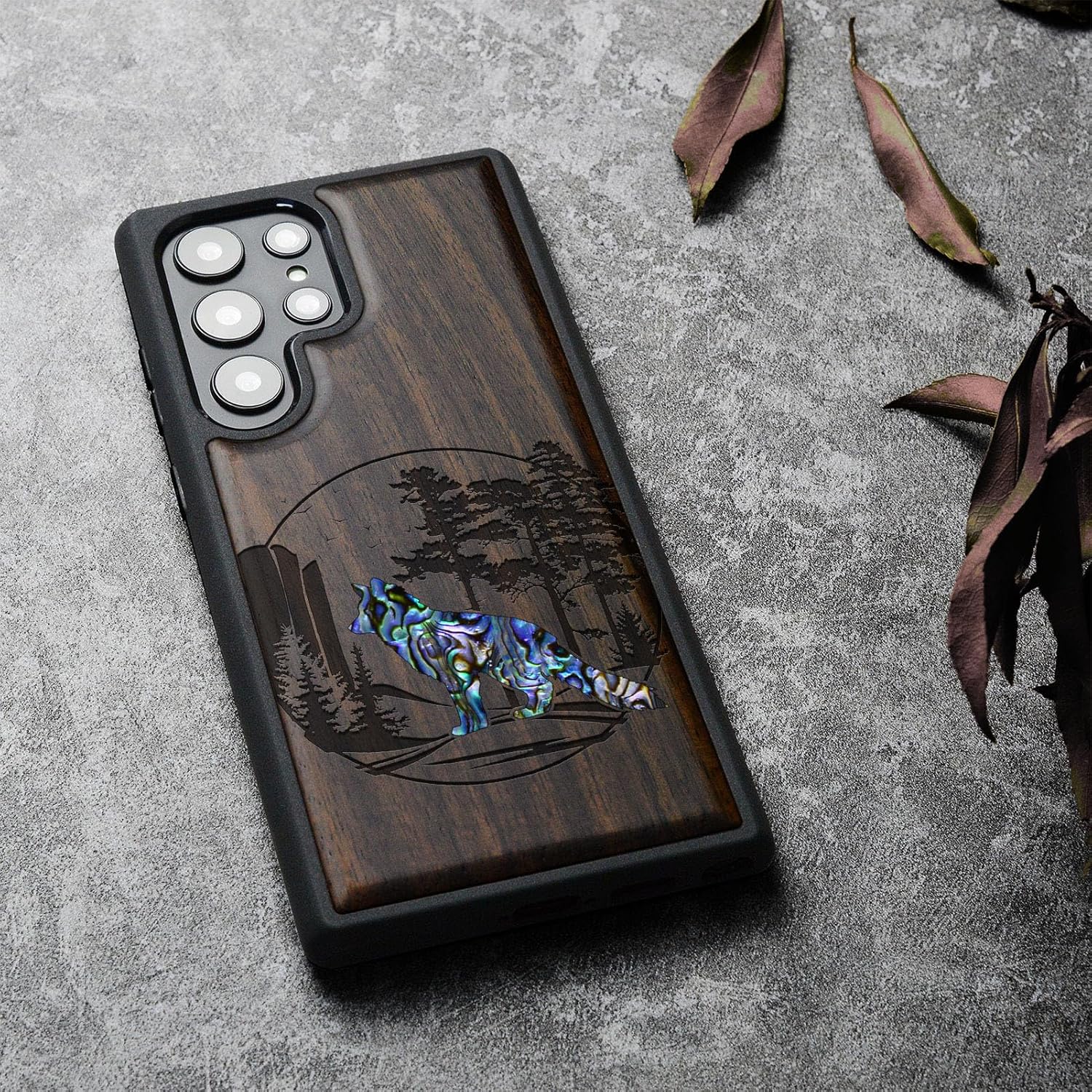 Carveit Designer Wooden Case for Samsung Galaxy S22 Ultra Case Cover [Wood Engraving & Shell Inlay] Compatible with Wireless Chargers Galaxy S22 Ultra Case (Fox and Woods-Blackwood)