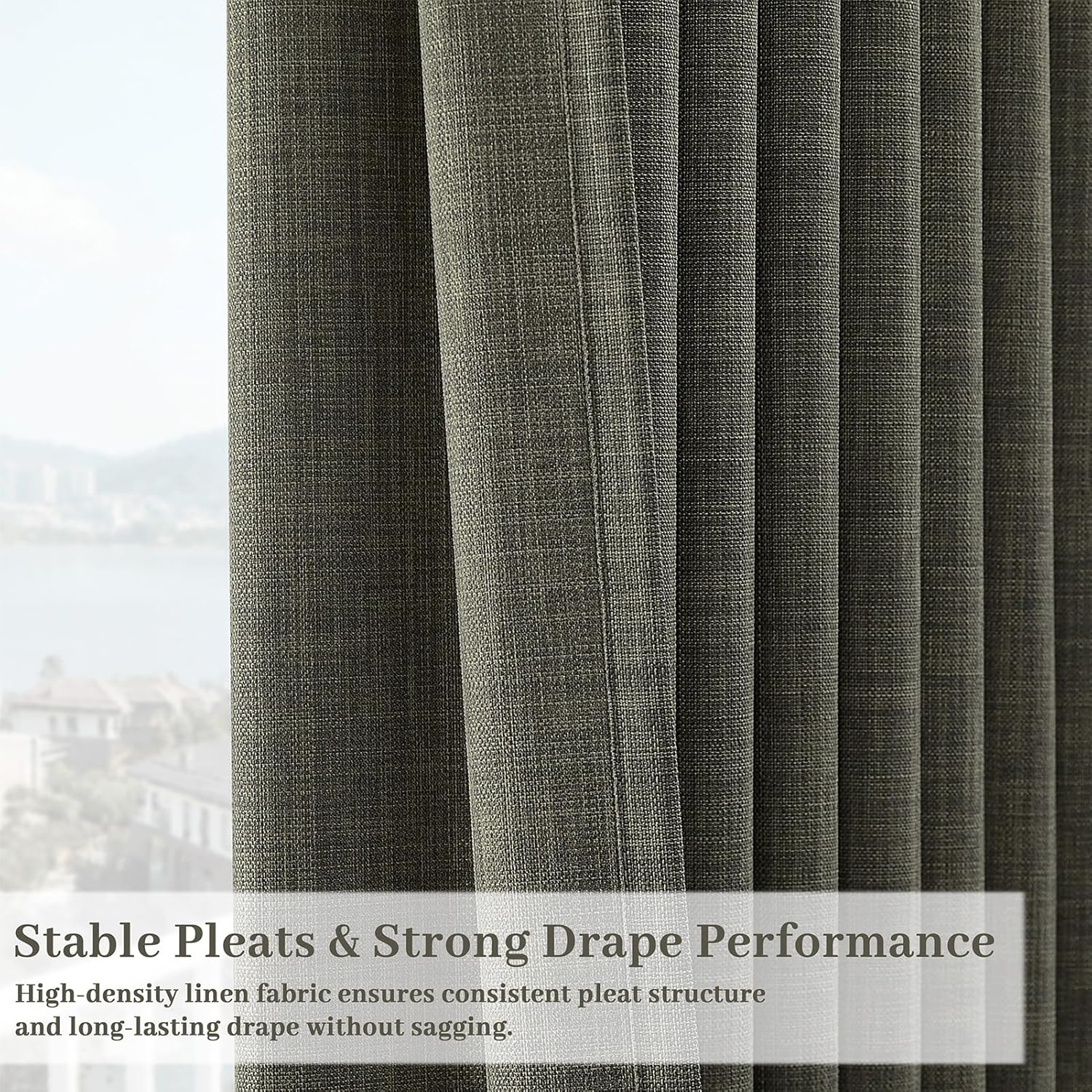 Pinch Pleated Linen Curtains 96 Inches Extra Long Olive Green Drapes, Thick Linen Light Filtering Memory Trained Pleat Curtain for Living Room and Bedroom Privacy 2 Panels Texture with Back Tab