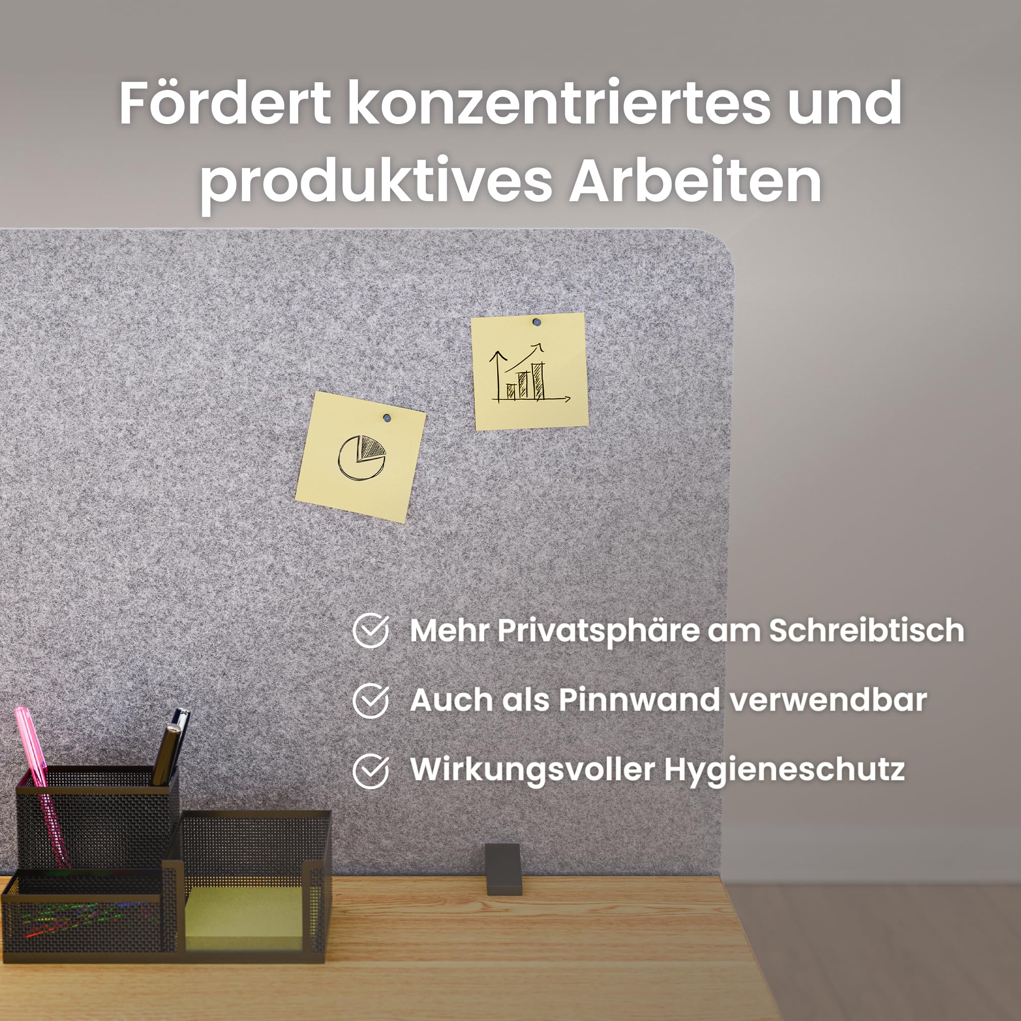 Ergotopia Focus Pure Akustik Trennwand Schreibtisch – effektiver Sichtschutz Büro – 180x60cm Tischtrennwand aus recyceltem PET – Schallschutz Schreibtisch & Tischaufsatz Büro mit Klemmmontage – Grau