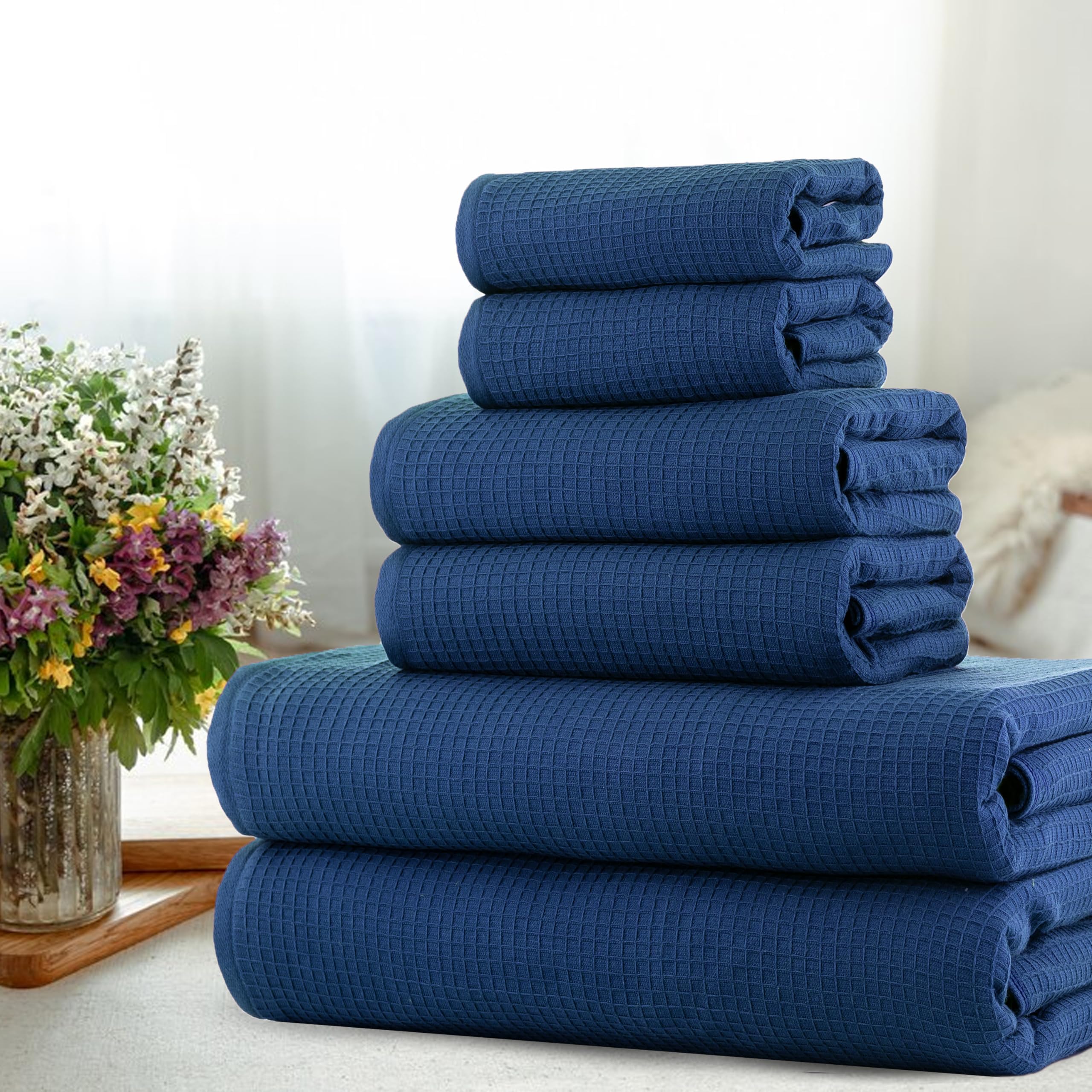 Casa Copenhagen Juego de 6 Toallas de baño, 600 g/m², Azul Marino | Waffle 100% algodón egipcio puro para baño, cocina y ducha: 2 toallas baño, 2 de mano, 2 paños (set regalo mujer y hombre)