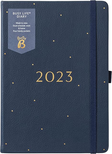 Busy B Busy Life Diary January to December 2023 - A5 Navy - Faux Leather Week to View Planner with Dual Schedules, Pen holder and Pockets