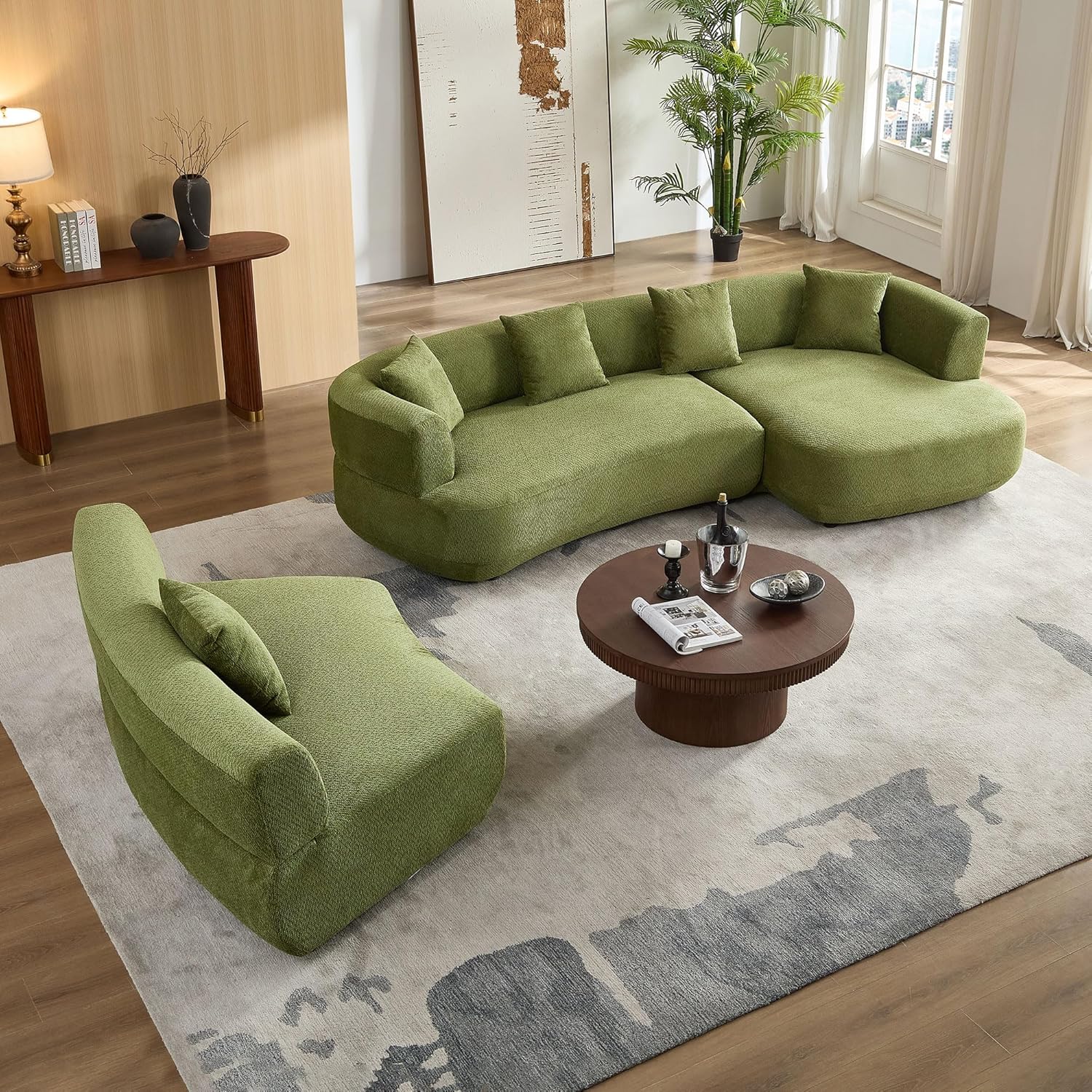 Modern Curved Sectional Sofa with Coffee Table, Olive Green Couch with loveseat,Boucle Fabric Upholstery Living Room Furniture Set | a set of sofa table