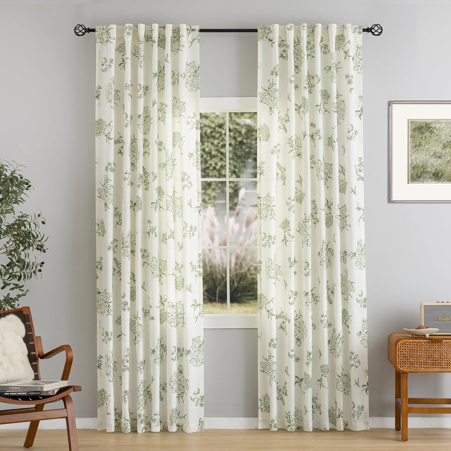 Olive Green Floral Linen Curtains 84 Inch Length for Living Room Dining 2 Panels Semi Sheer Light Filtering Window Curtain Farmhouse Boho Loden Flower Peony Printed Pattern Bedroom Window Drapes