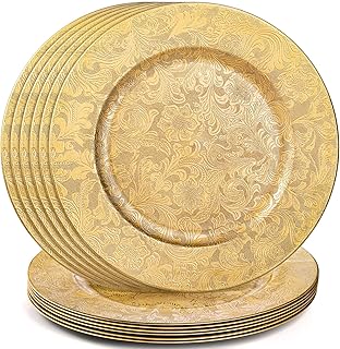 ZOOFOX 12 Pack Gold Charger Plates, 13" Plastic Round Antique Plate Chargers for Dinner Plates, Floral Charger Plates for Wedding Dinner Party Table Setting Decor