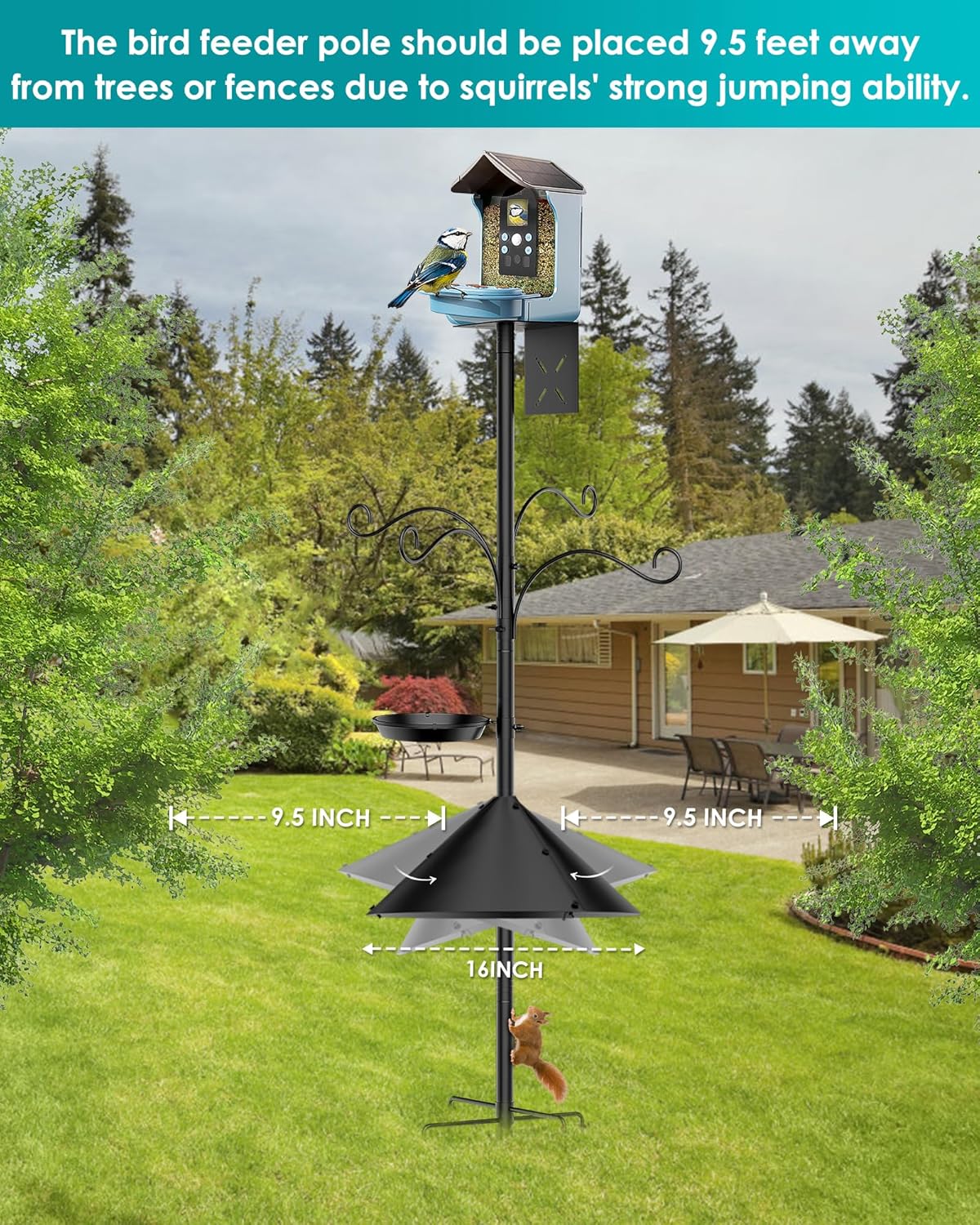 Bird Feeder Pole 92 Inch, Bird Squirrel Proof Baffle Heavy Duty Stand Feeding Station for Outside Backyard Garden Wild Birds Watching