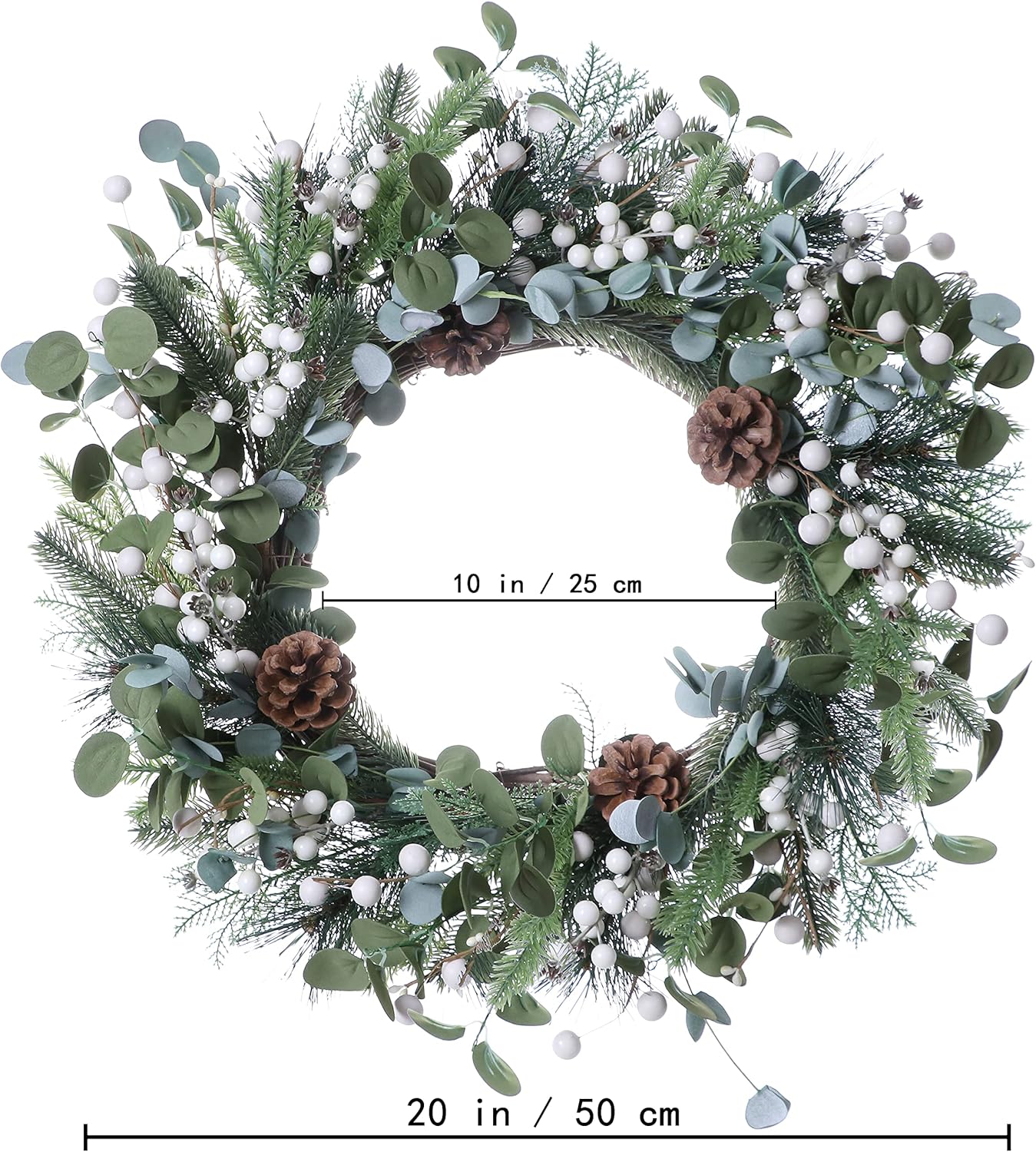 20 Inches Christmas Wreaths for Front Door Holiday Christmas Door Wreath Winter Wreaths with White Berries Pine Needles Pine Cones for Farmhouse Indoor Outdoor Window Porch Decoration
