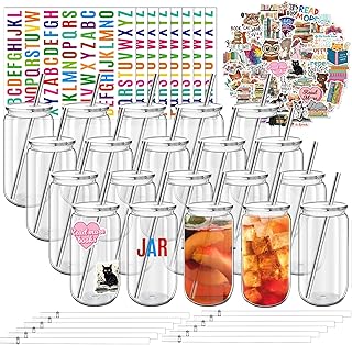 16 oz Clear Plastic Cups Reusable with Lids and Straws & DIY Sticker, 20Pack Acrylic Mason Jars Iced Coffee Drinking Glasses Cup for Park Picnic, Poolside, Party Giveaways