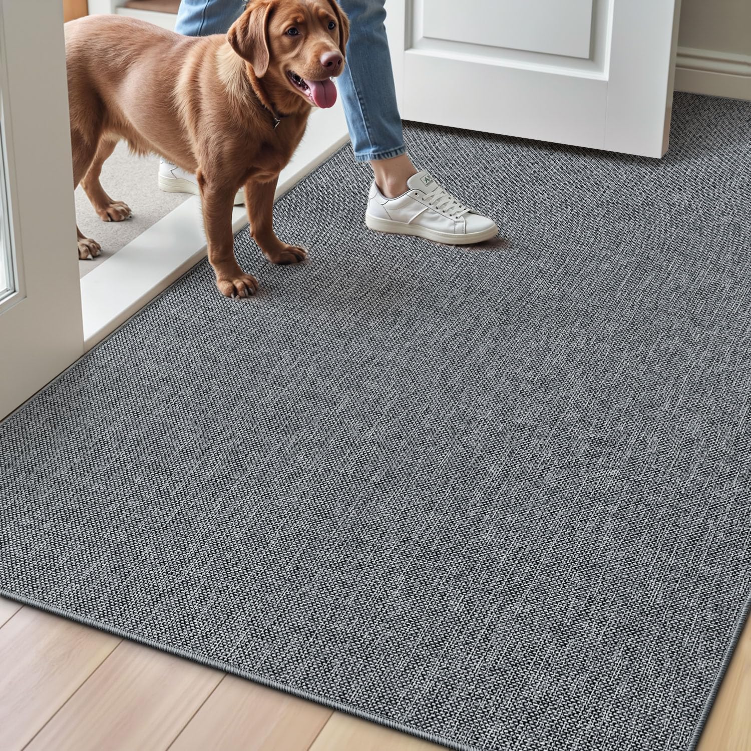 LUMI Ultra Thin Door Mat 81x122cm, Non Slip Rubber Backing, Grey | Traps Dirt & Moisture, Low Profile Inside Door Mats, Easy Clean, Pet Friendly, For Entryway Patio Use, Simulated Linen