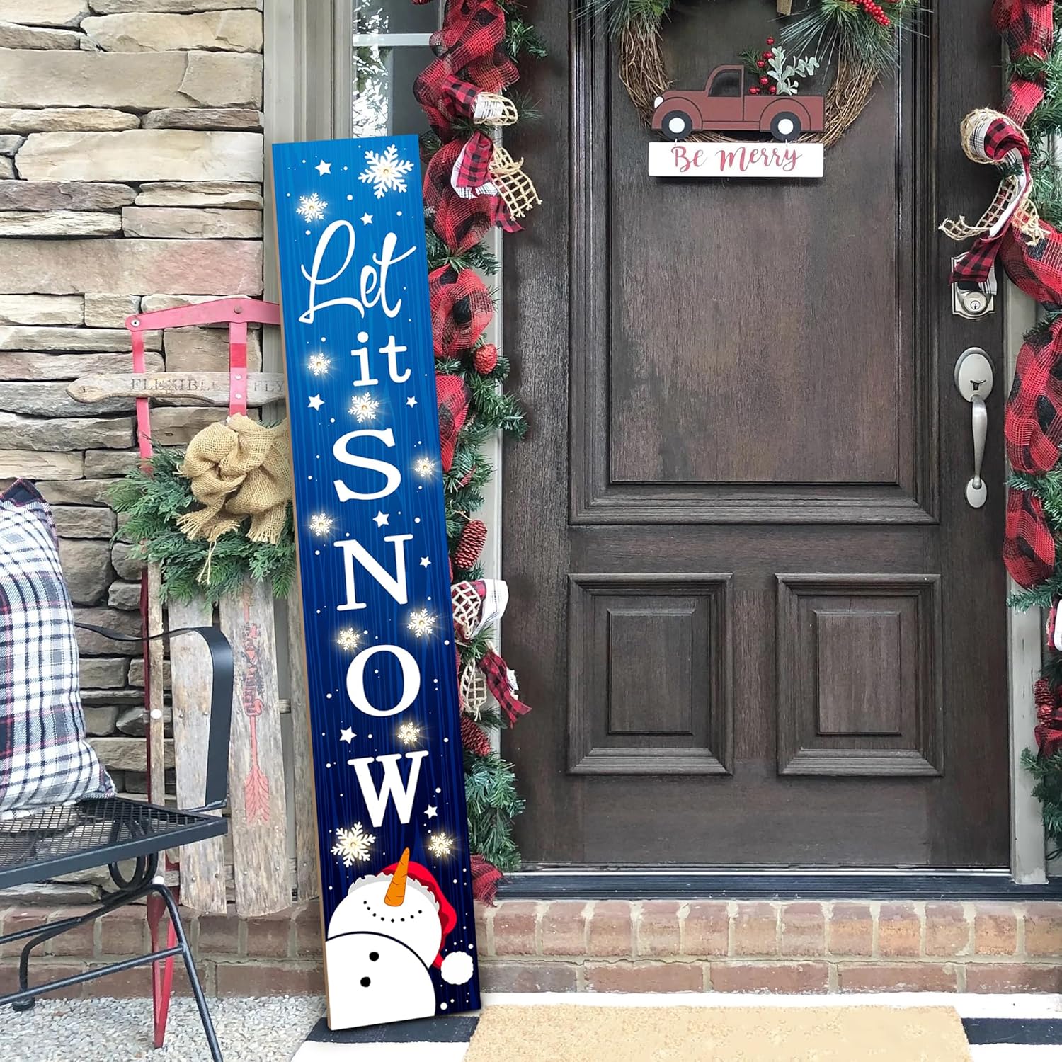 Lighted Wooden Welcome Porch Sign, 47.2"H Let It Snow Merry Christmas Winter Holiday Porch Board Sign for Front Door Farmhouse Outdoor Indoor Welcome Sign Wall Decor