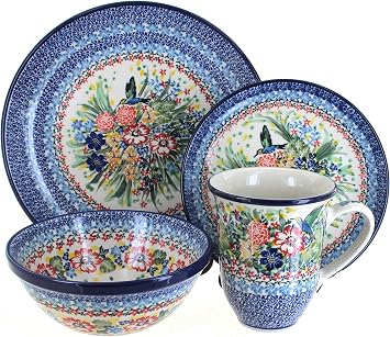 Blue Rose Polish Pottery - Red Hummingbird 16 Piece Dinner Set with Large Coffee Mug - 4 Place Settings - Great for Everyday Dining, Casual Dining, or as Formal Dinnerware