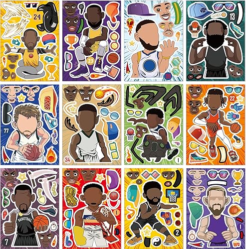 Calcomanías de estrella de baloncesto para niños, 24 hojas de calcomanías para manualidades con diseño de rostro, para fiestas de cumpleaños,