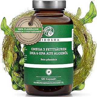 QIDOSHA® Omega 3 Algenöl Kapseln hochdosiert, 120 vegane Kapseln im Apothekerglas, 400mg DHA und 100mg EPA Omega 3 Fettsäuren aus pflanzlicher Quelle, deutsche Fertigung
