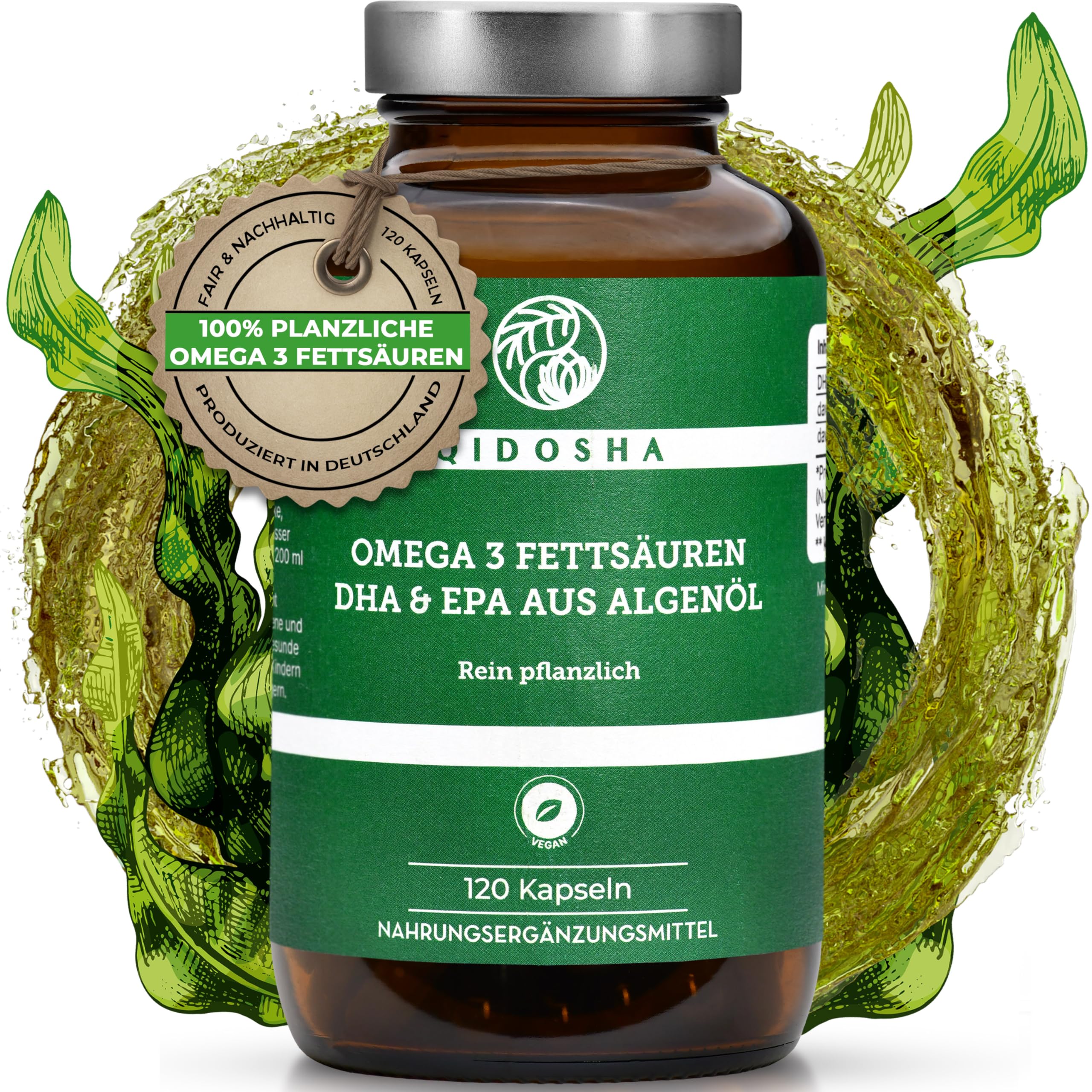 QIDOSHA® Omega 3 Algenöl Kapseln hochdosiert, 120 vegane Kapseln im Apothekerglas, 400mg DHA und 100mg EPA Omega 3 Fettsäuren aus pflanzlicher Quelle, deutsche Fertigung
