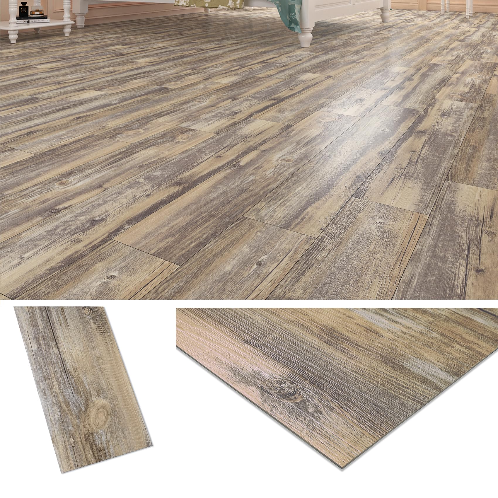 Livelynine Suelo Vinilo Autoadhesivo Madera Vieja 90x15 Vinilo Suelo Baño Impermeable Baldosas Adhesivas Suelo Cocina Suelo Laminado Adhesivo Madera Gris Marron Suelo Vinilico Autoadhesivo, 18 Piezas