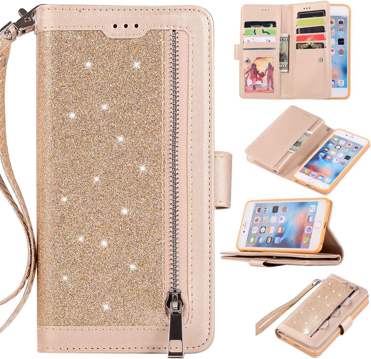 EYZUTAK Wallet Case for iPhone 8 Plus iPhone 7 Plus,Magnetic Handbag Zipper Pocket PU Leather Flip with 9 Card Slots and Wrist Strap Folio TPU Inner Stand Case for iPhone 7 Plus/8 Plus - Gold