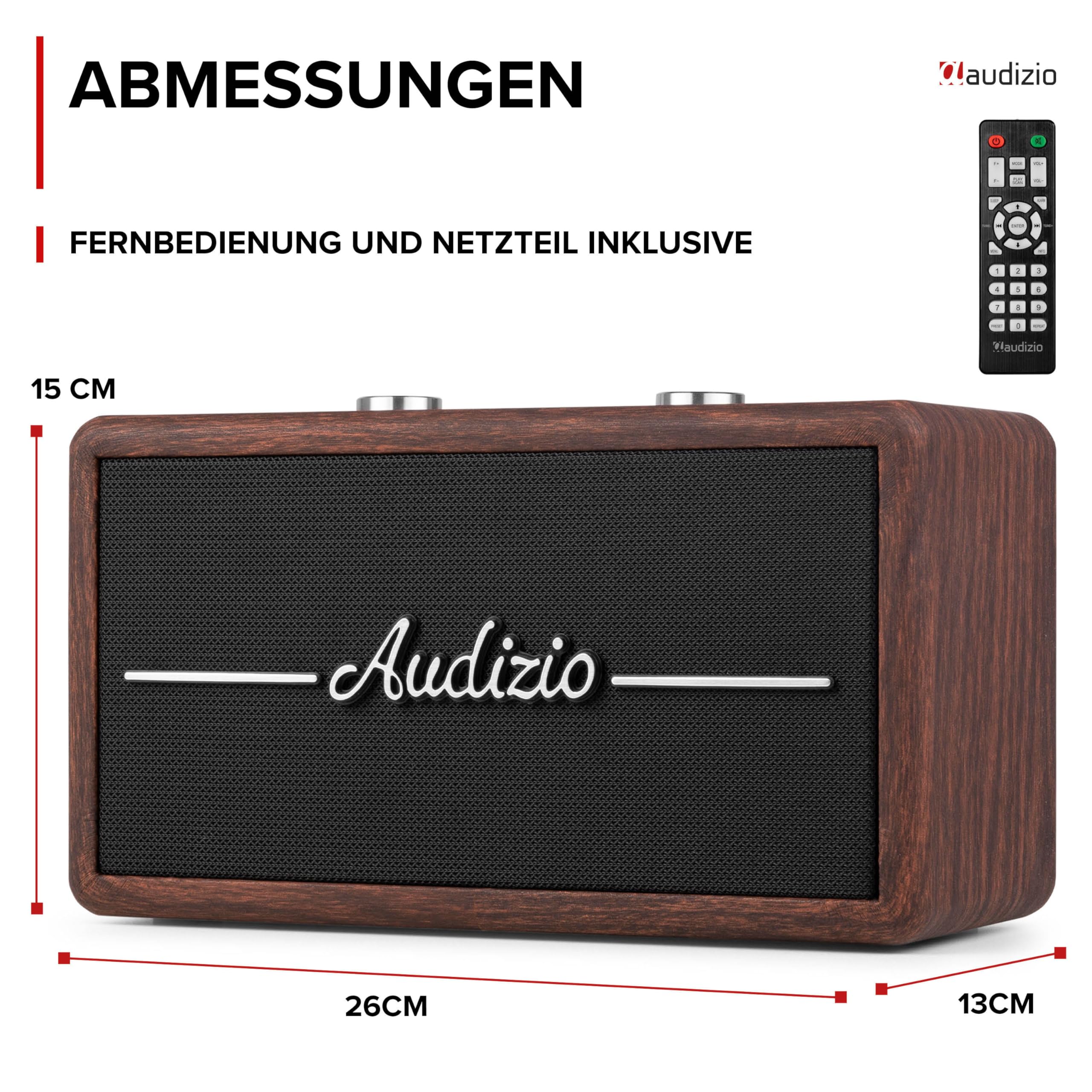 Audizio Tune60 - DAB Radio mit Bluetooth Lautsprecher, Fernbedienung, FM, 40 Watt, Batterie- Netzbetrieb, LCD, 20 Speicherplätze, USB/TF, AUX, Wecker, Leder Vintage DAB+ Radio - Dunkelbraun