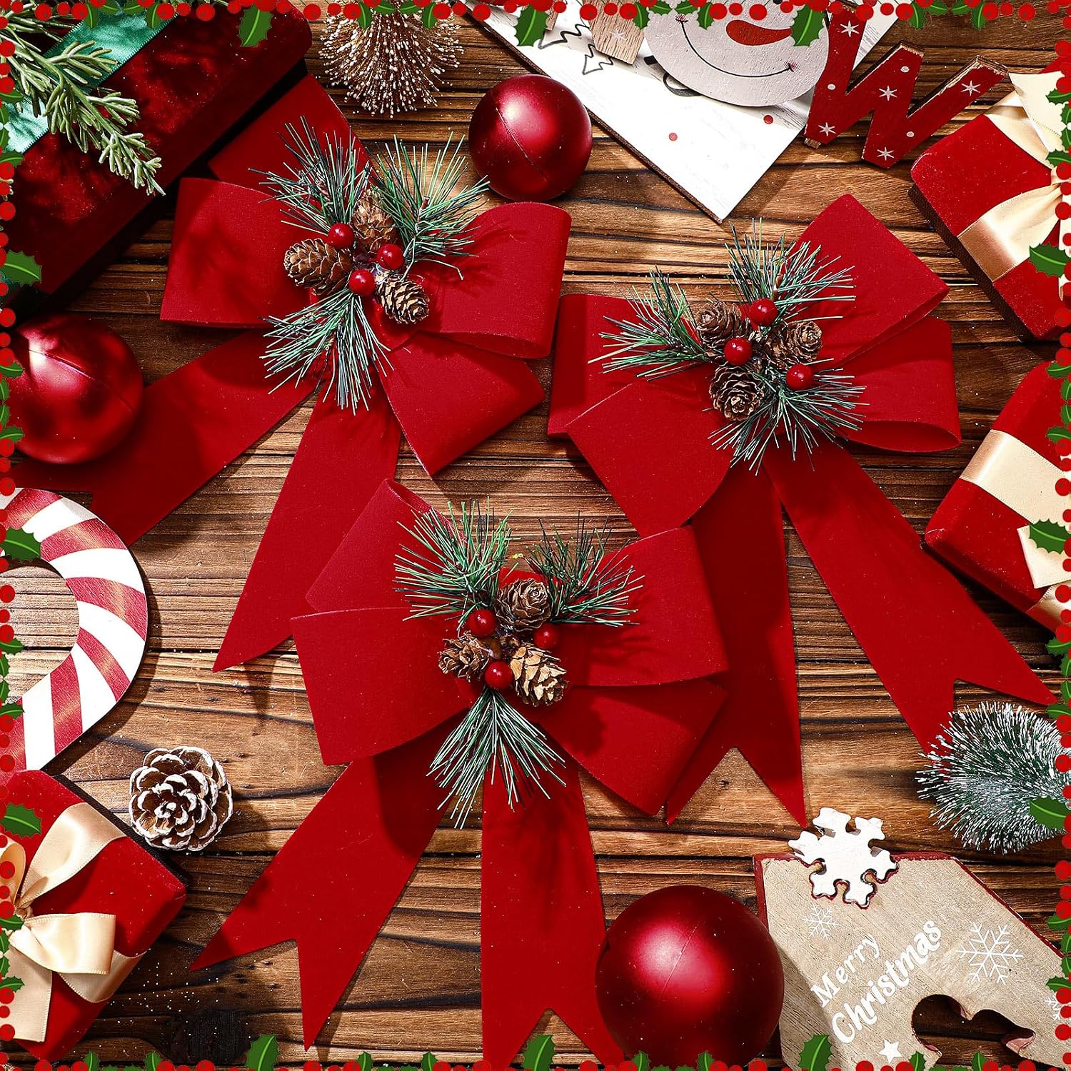 Knitgrip 12 Pcs Red Velvet Christmas Bows with Pine Cones Pine Needles