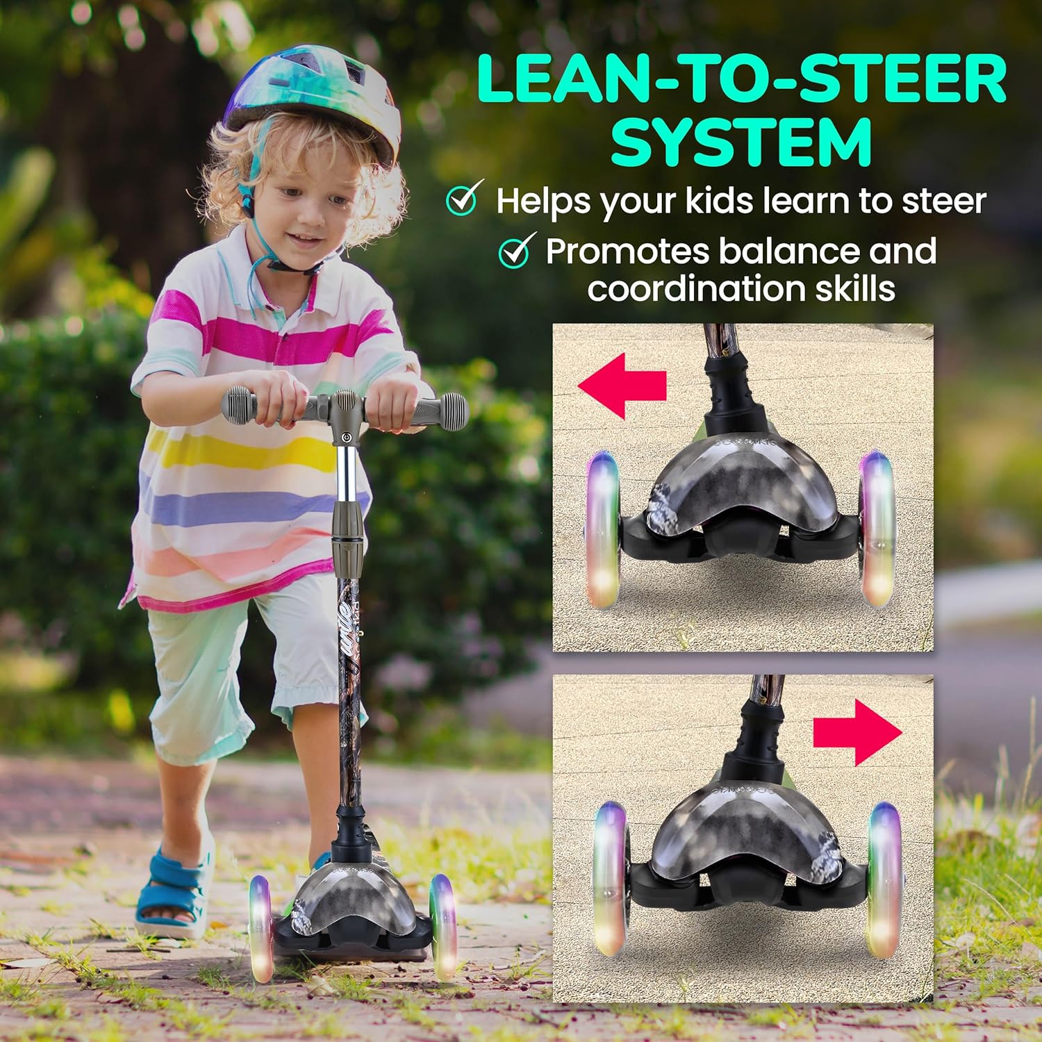 Hurtle Mini Kickboard 3 Wheel Scooter for Kids Ages 2-5 – Lean-to-Steer Toddler Scooter with Light-Up LED Wheels, Adjustable Height & Rear Foot Brake for Boys & Girls, Anti-Slip, Indoor/Outdoor Real Tree