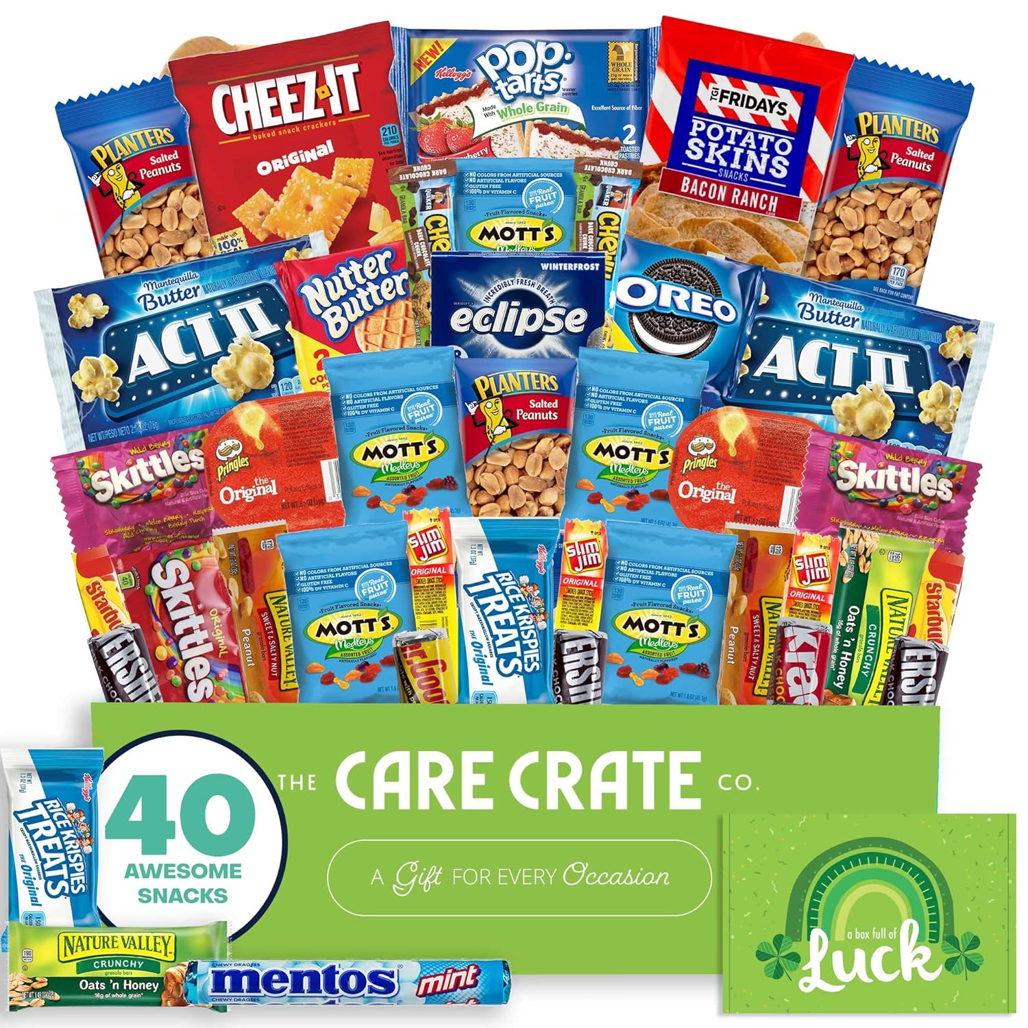 St. Patrick's Day Small Snack Box (30 Piece Variety Gift Basket Care Package) Chips, Candy, Peanuts, Popcorn, Cookies, Gummy Snacks, Chocolates & More - The Care Crate Co.