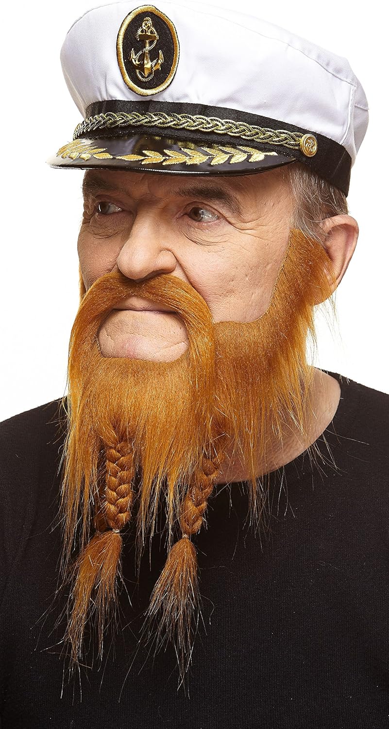 Mustaches Self Adhesive Captain Fake Mustache and Beard, Novelty, Braided, False Facial Hair, Costume Accessory for Adults, Ginger Color