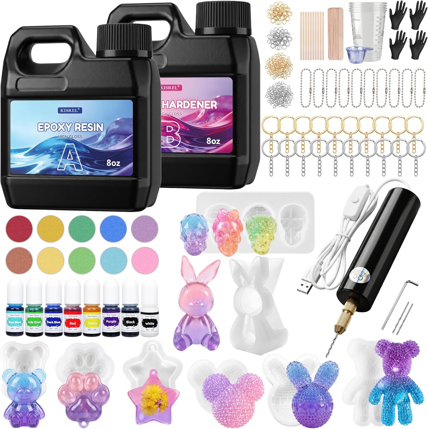 KISREL Epoxy Resin Kit and Electric Drill Set - 16OZ Epoxy with 3D Resin Molds, Pigments & Craft Tools, Electric Hand Drill for Jewelry, Resin, Plastic, Great DIY Gift for Adults & Beginners