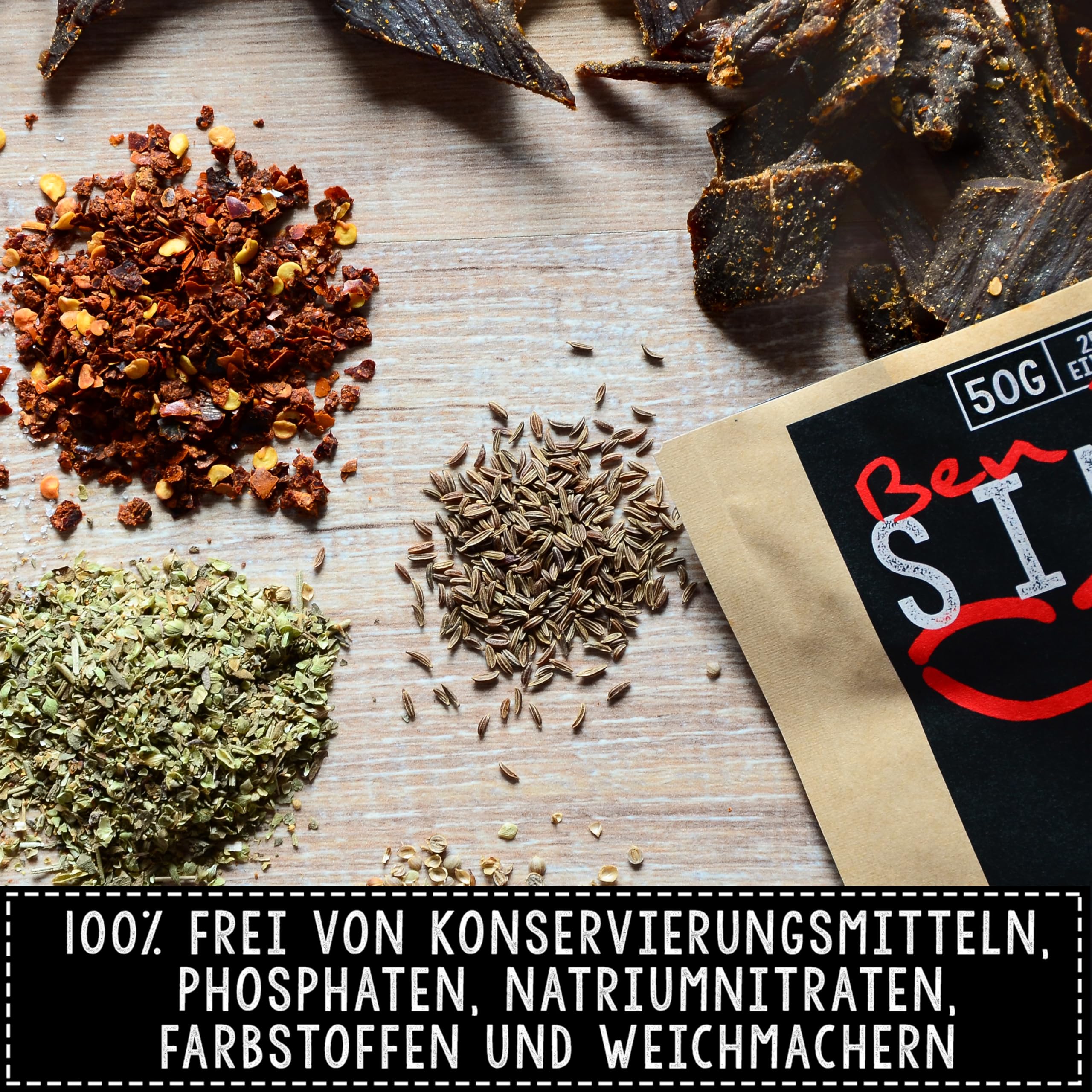Beef Jerky Probierbox, 5 x 50g, handgemacht, Österreichs Beef Jerky Nr. 1, Premium Trockenfleisch ohne chemische Zusätze (Mixed Flavors)