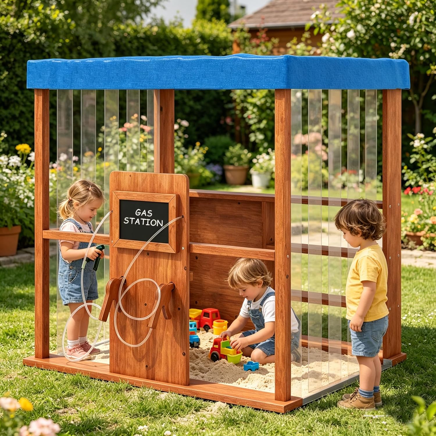 HONEY JOY Kids Gas Station Playset with Canopy, 2 Simulation Fuel Nozzles, Door Curtains, Chalkboard, Display Shelves, Fir Wood Pretend Play Gas Pump Toy for Kids Outdoors Backyard Gift, Natural