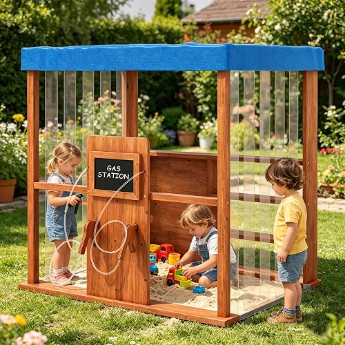 HONEY JOY Kids Gas Station Playset with Canopy, 2 Simulation Fuel Nozzles, Door Curtains, Chalkboard, Display Shelves, Fir Wood Pretend Play Gas Pump Toy for Kids Outdoors Backyard Gift, Natural