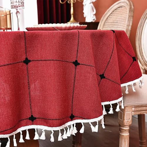 Miniatura 5 de Mantel ovalado rojo a cuadros de lino de algodón pesado a cuadros para comedor y cocina, decoración de mesa, 55 x 78 pulgadas