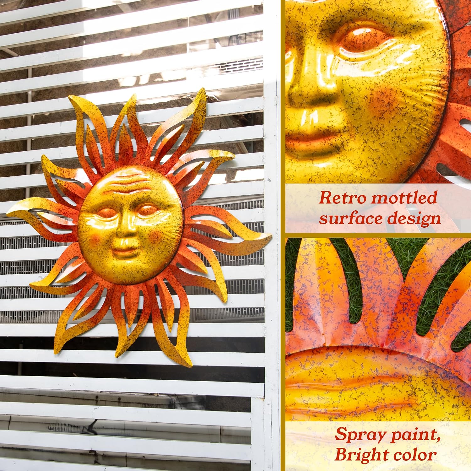 Large Sun Wall Art Decor 45 inch Metal Wall Art, Retro Hanging Decor, Valentine Wall Decorations for Patio,Yard,Garden,Fence,Living Room