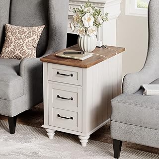WAMPAT End Table with Charging Station, Side Table with Storage, 2 Power outlets & 2 USB Ports for Living Room, Nightstand with one Drawer and one Storage Cabinet, for Bedroom, White/Oak