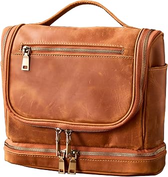 Travel Toiletry Bag for Men, Genuine Leather Shaving Dopp Kit Bottom Storage 11x8.6x4.7 - Leather Men Toiletry Bag - Leather Makeup Cosmetic Organizer Kit - Mens Travel Toiletry Bag, Braun