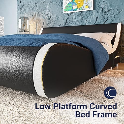 Miniatura 21 de Allewie Base de cama tapizada de tamaño matrimonial, moderna cama de trineo de perfil bajo con cabecera ajustable de piel sintética, soporte de