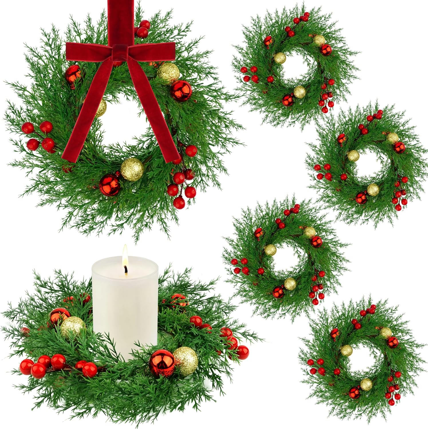6 Pcs Christmas Candle Rings Wreaths, Mini Kitchen Cabinet Christmas Wreath Candle Rings with Xmas Balls & Artificial Red Berries for Holiday Table Centerpieces Door Window Chair Decor