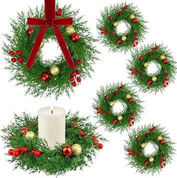 6 Pcs Christmas Candle Rings Wreaths, Mini Kitchen Cabinet Christmas Wreath Candle Rings with Xmas Balls & Artificial Red Berries for Holiday Table Centerpieces Door Window Chair Decor