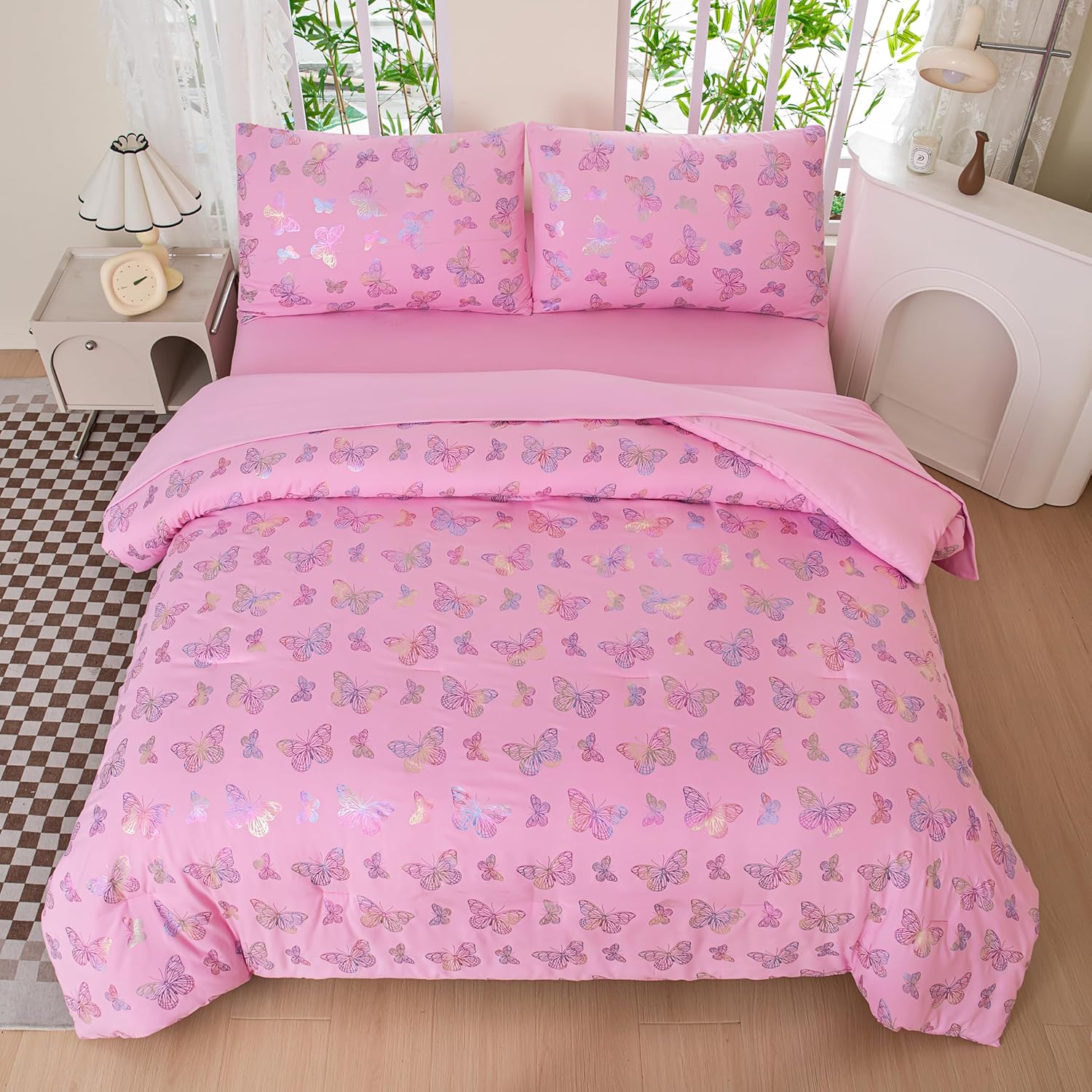 Butterfly Comforter Set,Pink Bedding Twin,Butterfly Bedding Comforter Set,Girls Twin Bedroom Comforter Sets for Girls(Pink,5PCS)