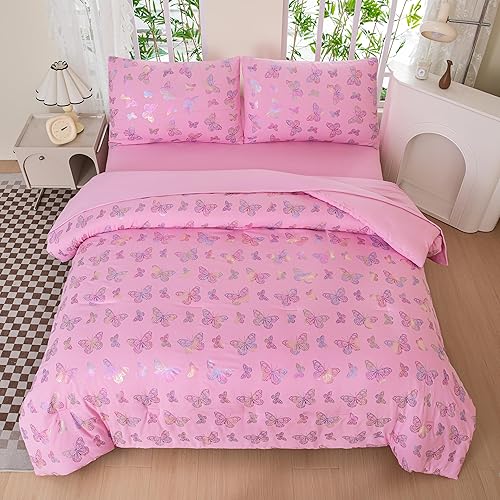 Miniatura 9 de Yadangxiawa Juego de edredón de sirsaca rosa de 5 piezas para cama individual en una bolsa, edredón ligero de microfibra para todas las estaciones,