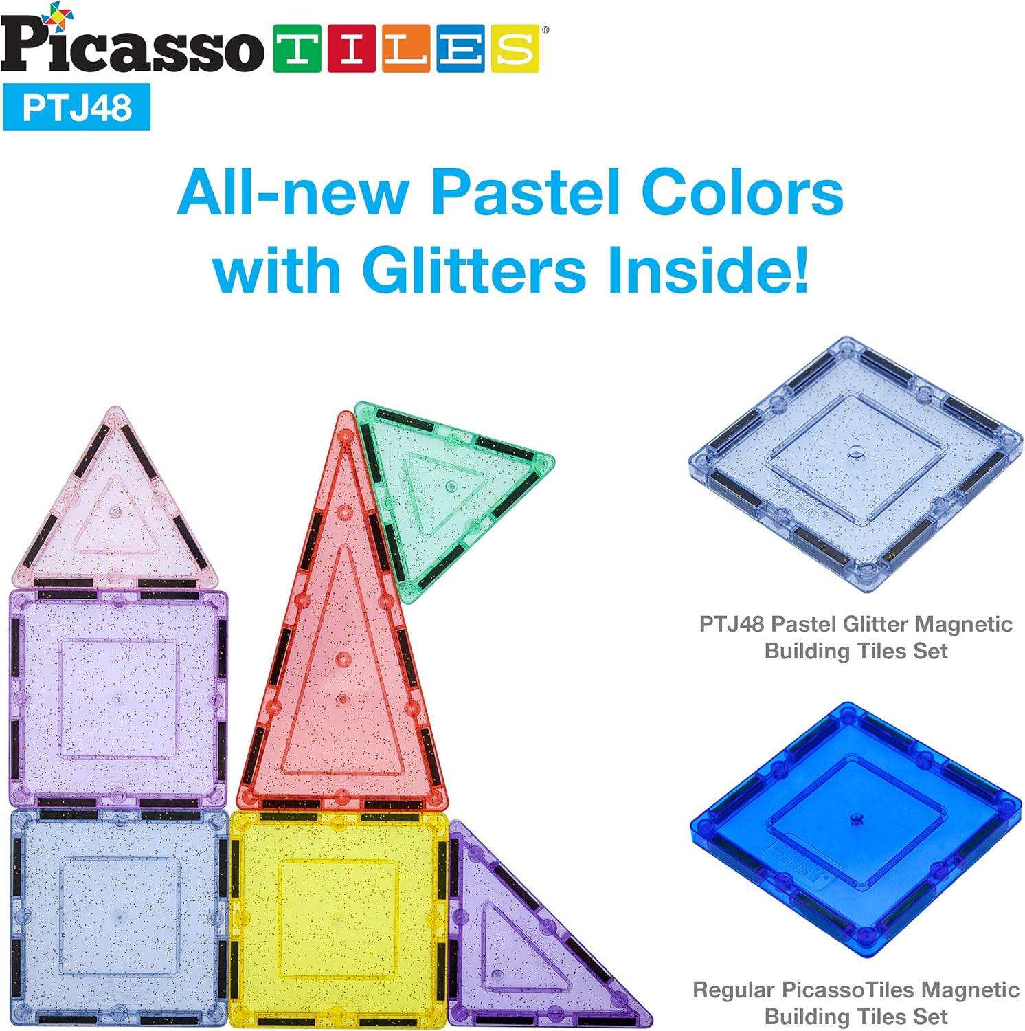 PicassoTiles Magnetic Tiles Blocks Magnet Tile Magnets Building Blocks Construction Toy Set with Reflective Leaf Flakes Magnetic Building Tiles Toys STEM Learning Kit Stacking Block Playset PTJ48