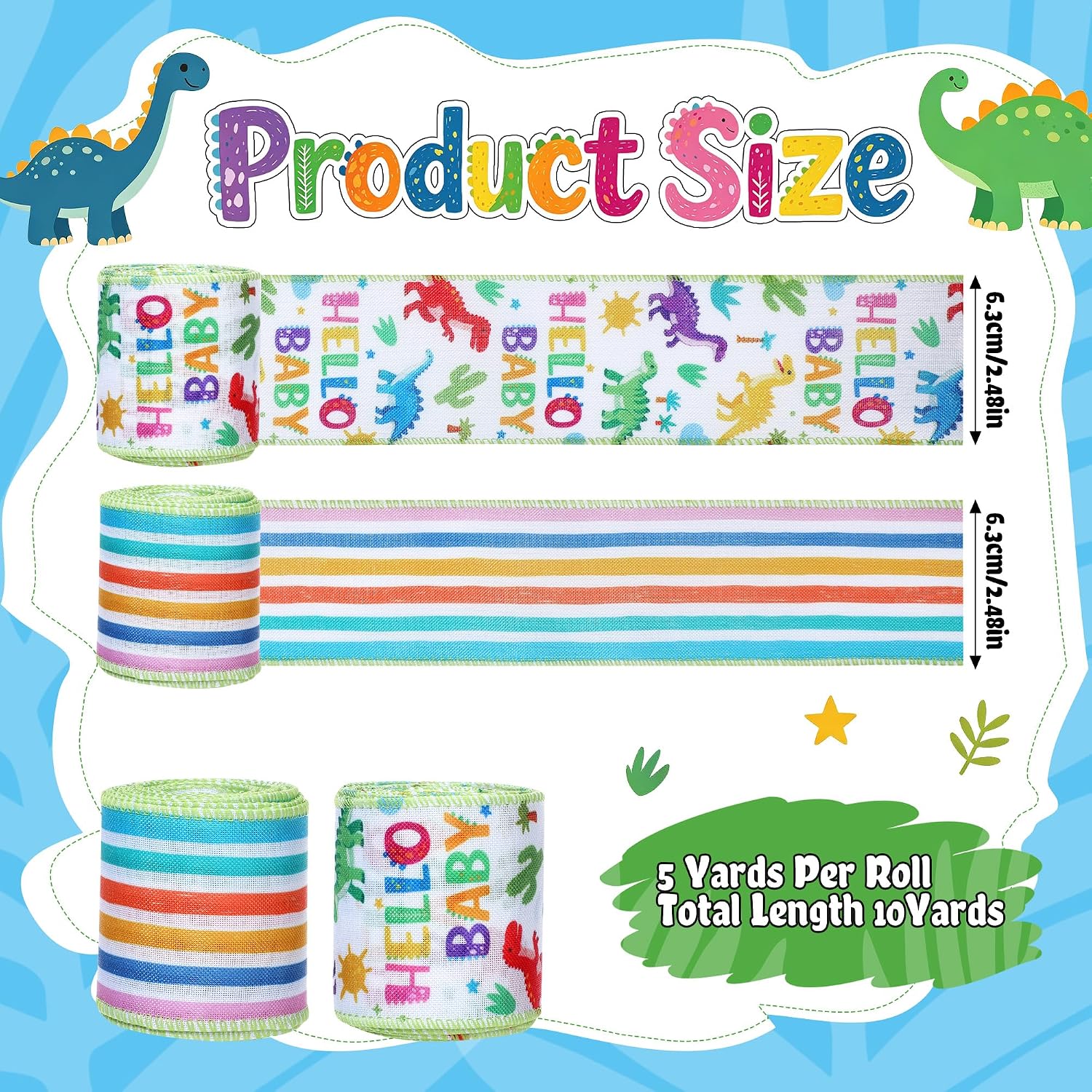 Dinosaur Ribbon 2 Rolls – 2.5" x 5 Yards Burlap Wired Edge Ribbon image 2