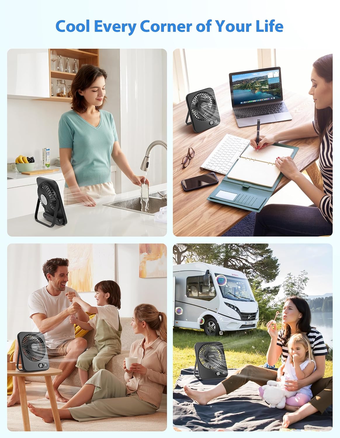 Desk Fan Rechargeable, Portable Battery Desk Fan for Office Bedroom Bedside, Ultra Silent USB Fan with Strong Airflow, Tilt Folding Fan for Travel, 5-Speed with 4000mAh Battery & LCD Display
