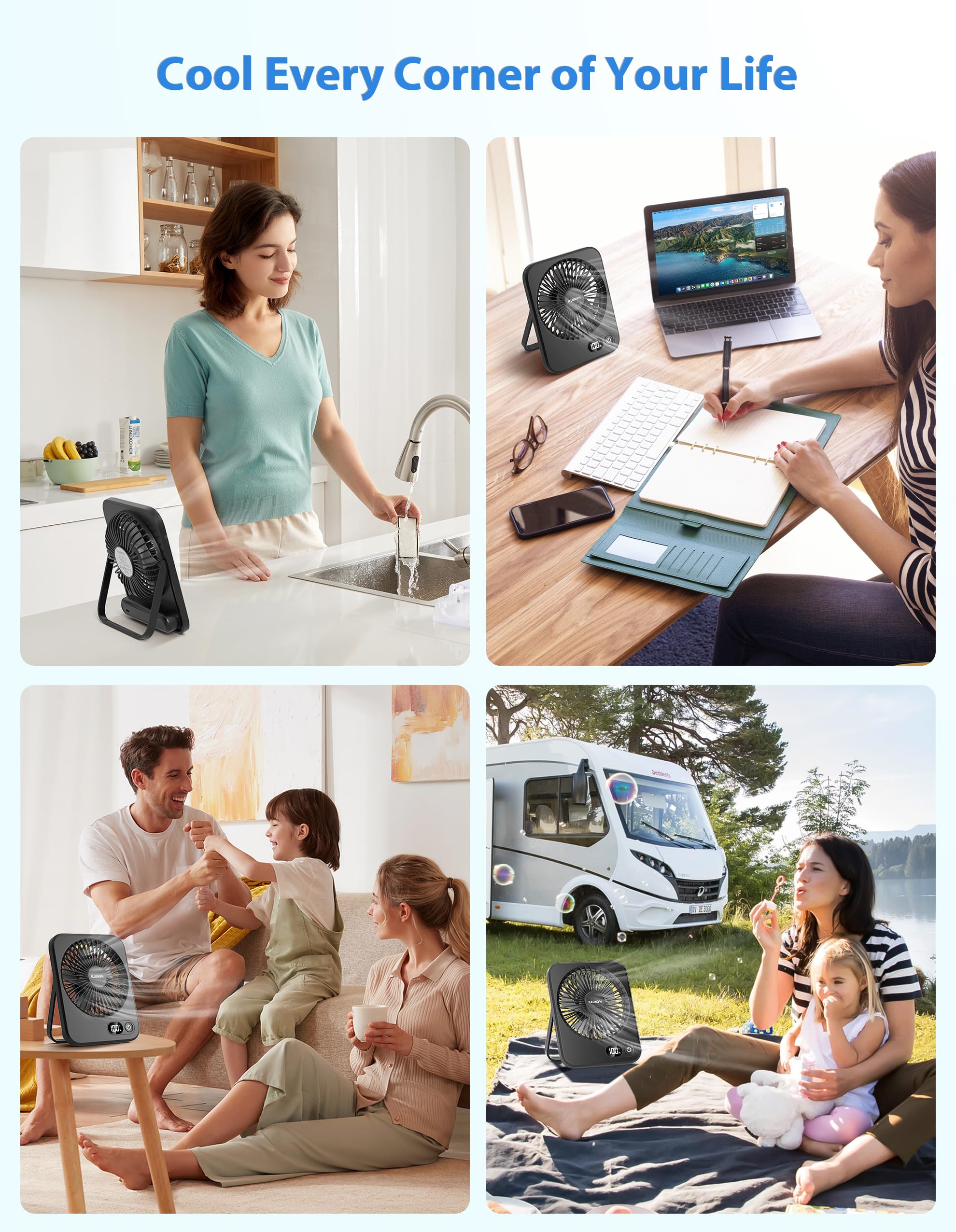 Ventilador USB portátil recargable – Ultra silencioso de 5 velocidades plegable de 180° de inclinación con pantalla LCD | Ventilador plegable de flujo de aire fuerte alimentado por batería 6