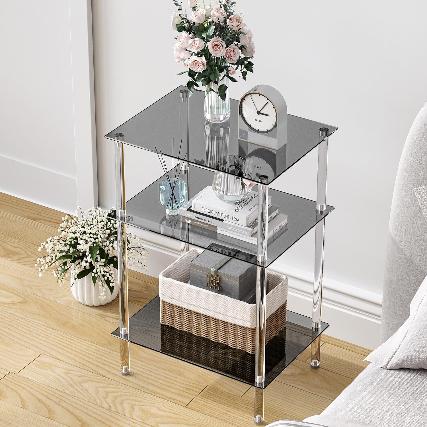 Tempered Glass Side Tables Set of 2 Acrylic End Table with 3 Storage Shelve Transparent Bedside Simplicity Clear 3-Tier Nightstands for Small Spaces Office Bedroom Living Room Study Black ET-008BK3T Black 3 tier High image 4 of 11 B0F195XYRW