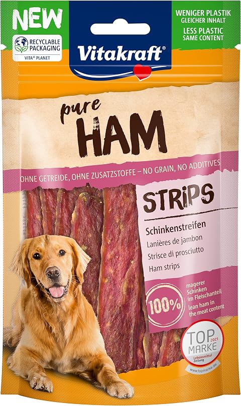 Vitakraft Pure Ham Strips, snack cane, strisce di prosciutto con carne di maiale, snack per l’addestramento del cane, senza zuccheri aggiunti (1x 80g)