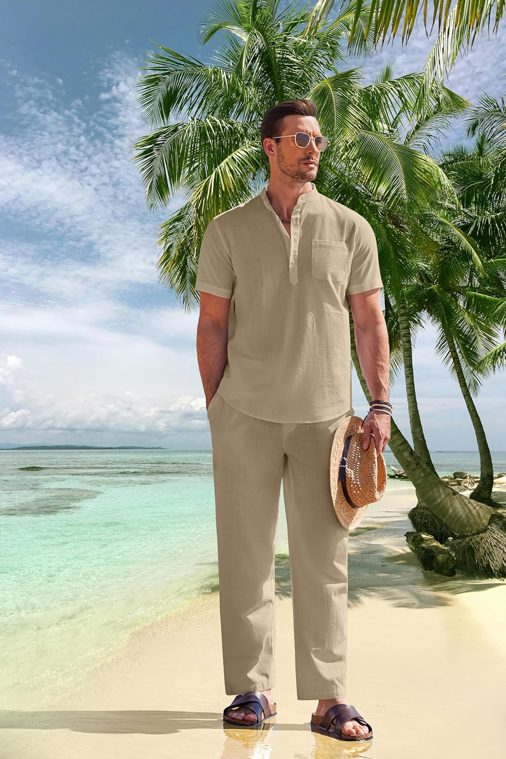 COOFANDY Men's 2 Pieces Cotton Linen Set Casual Short Sleeve Henley Shirts Beach Yoga Pants Summer Outfits - Image 2