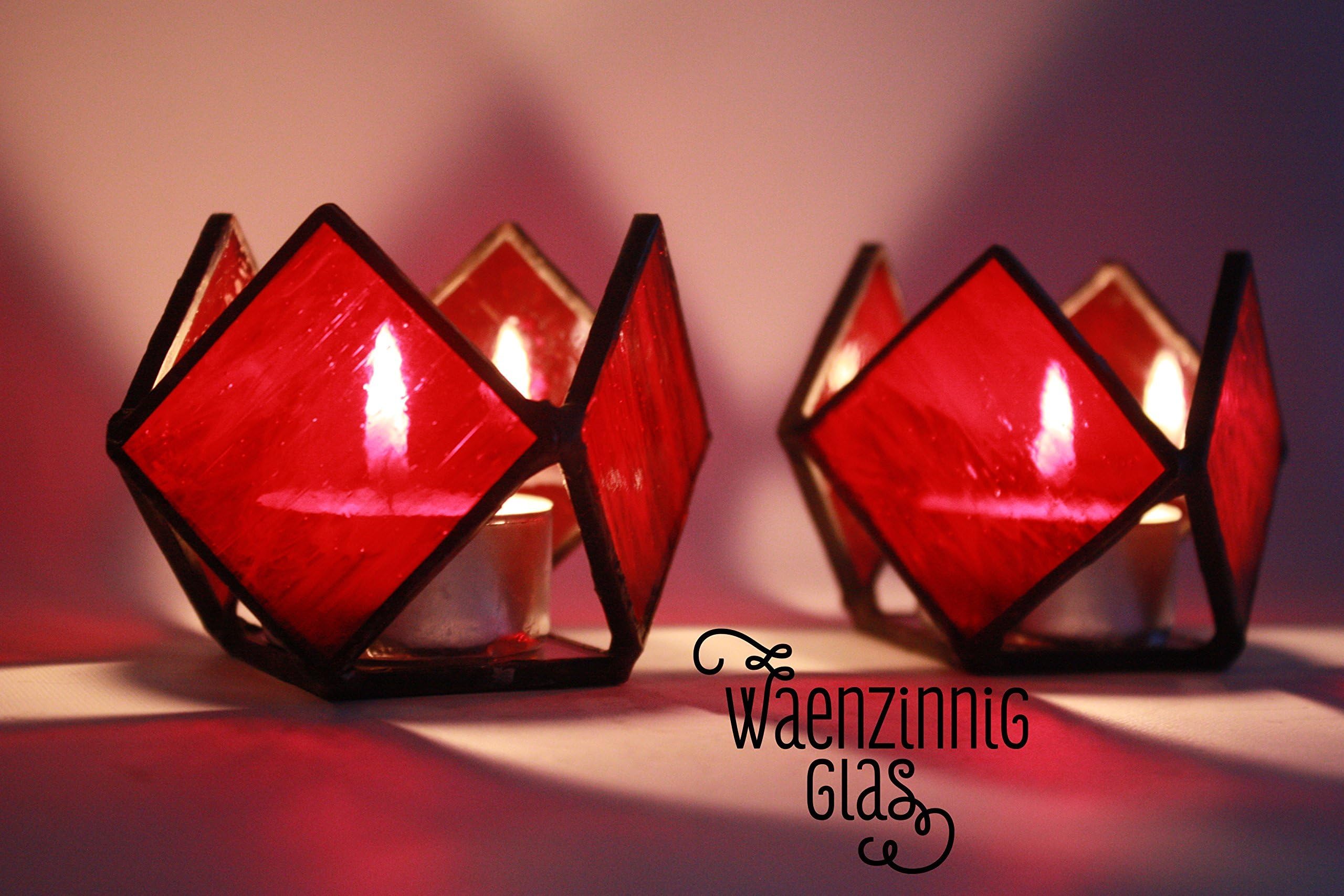 set of 2 stained Glass candle holder, dark red glass in geometrical shape