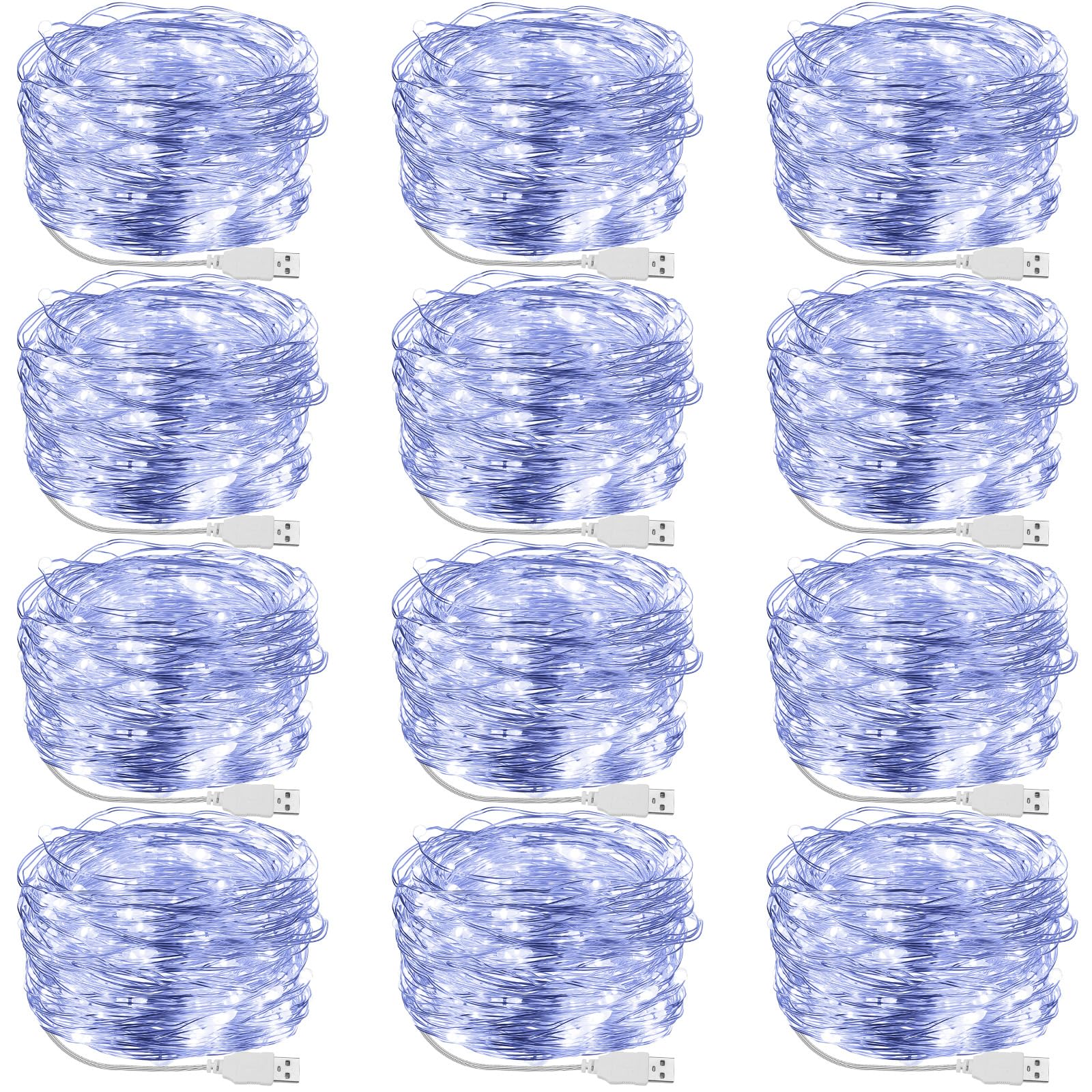 Macarrie 12 Pcs USB String Lights 33 ft 100 LED Fairy Lights Powered String for Christmas Indoor Outdoor Wedding Party Tree Home Festival Garden